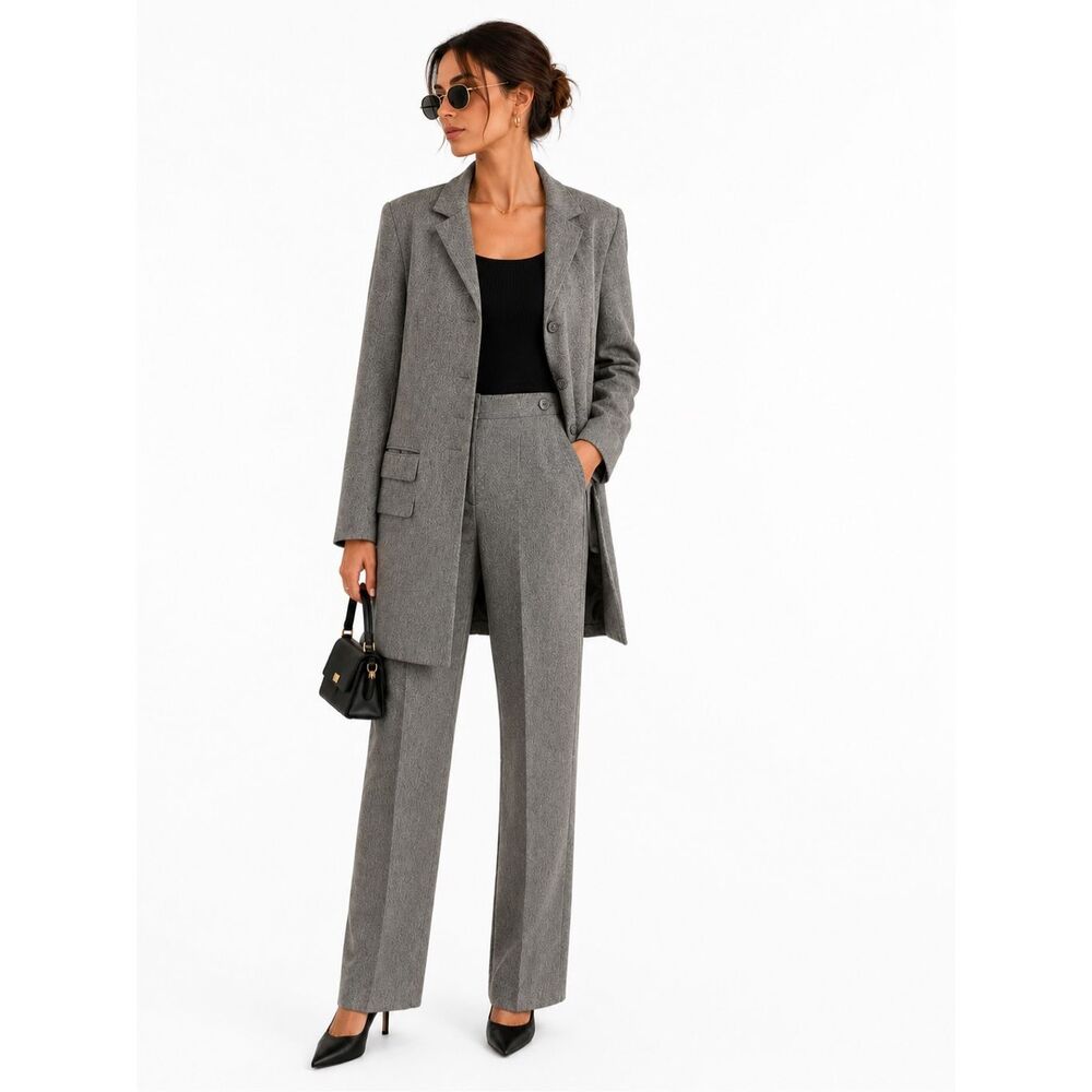 Vintage Pret A Porter Suits Gray Longline Blazer High Rise Pants Suit Set 12